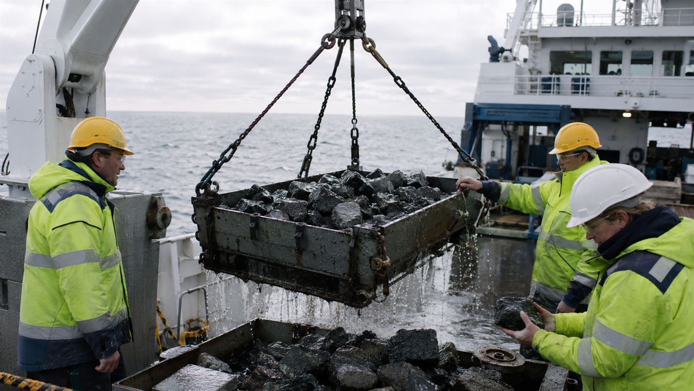 A research ship dredging rock samples to study the continental crust of Zealandia