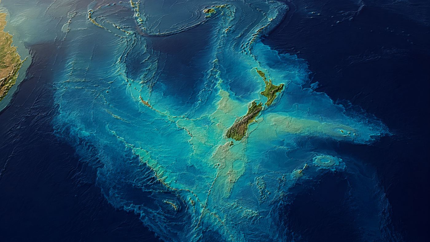A relief map of Zealandia, Earth's hidden eighth continent, mostly submerged around New Zealand