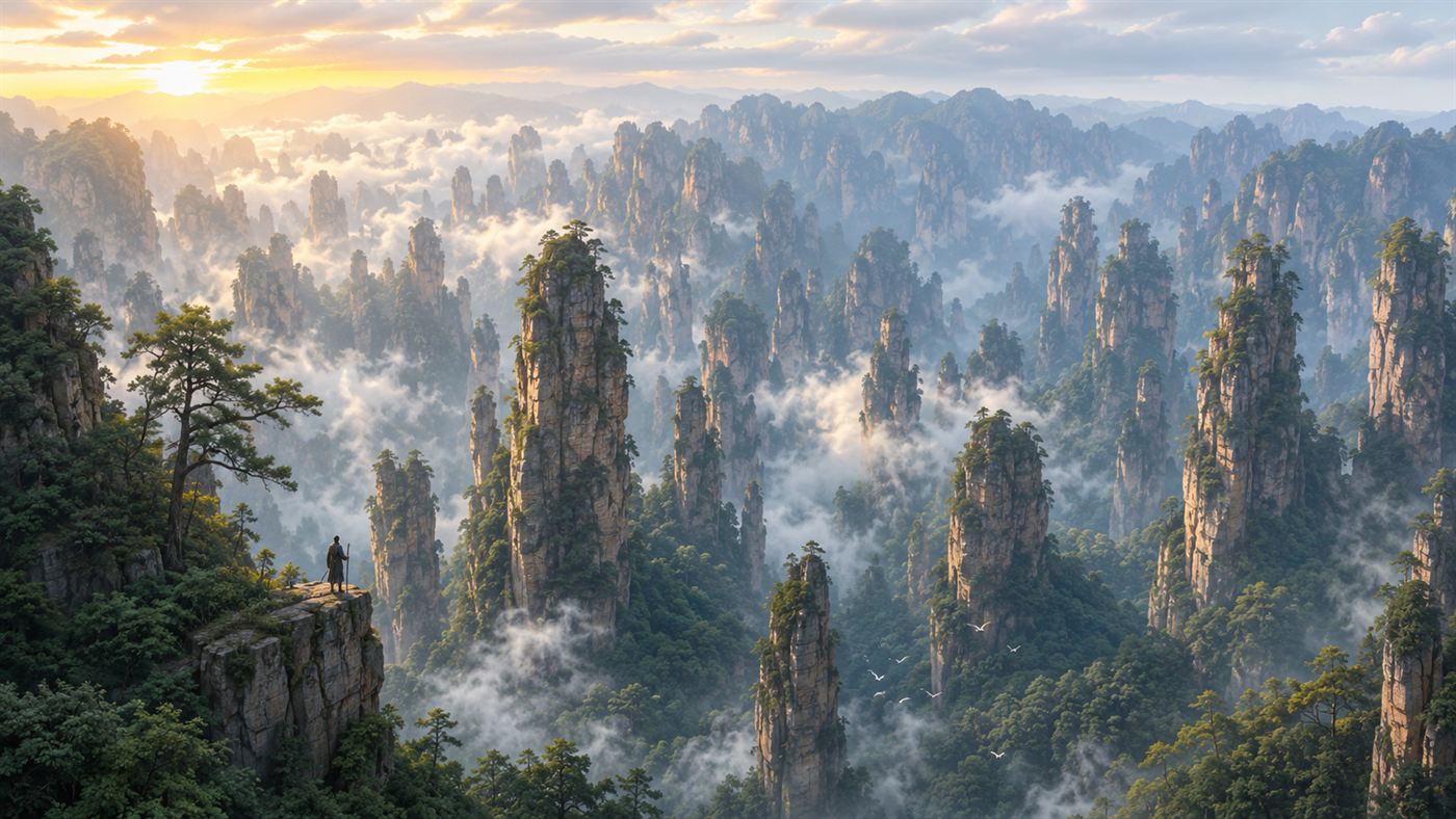 A forest of tall narrow sandstone pillars rising out of green forest and drifting mist in Zhangjiajie National Forest Park