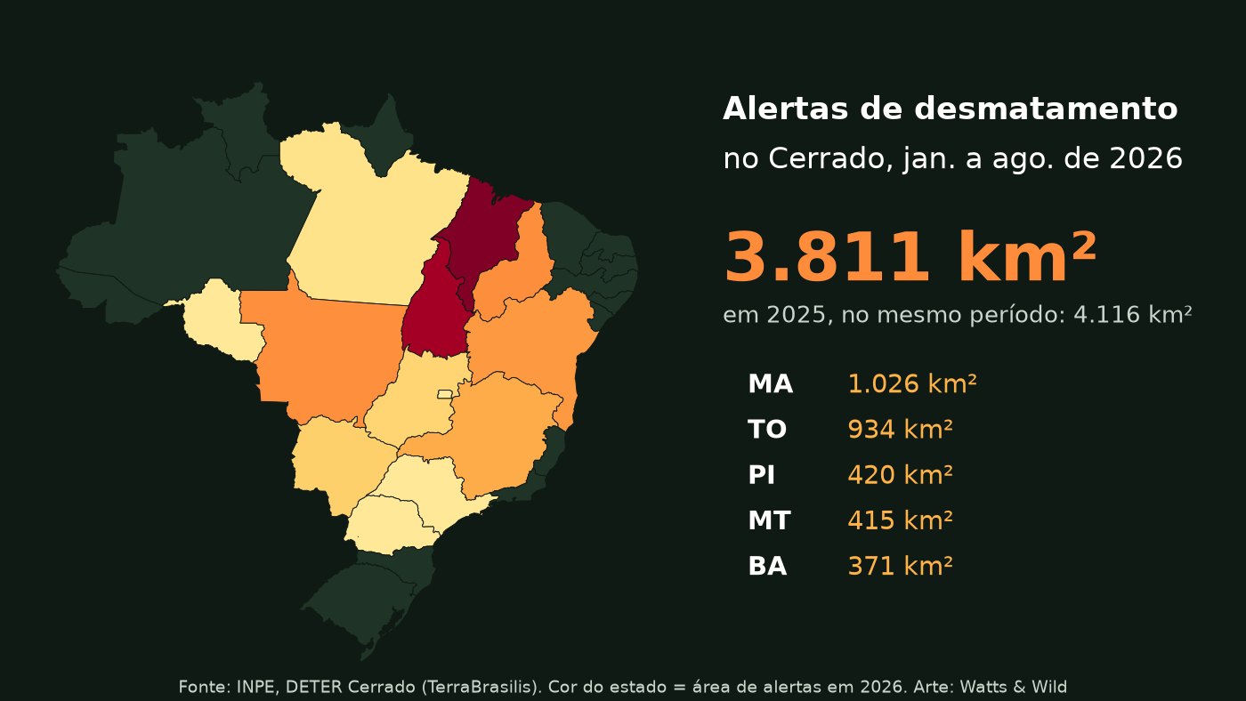 Mapa do desmatamento no Cerrado 2026 por estado: 3.811 km² de alertas do DETER de janeiro a agosto, com Maranhão e Tocantins à frente