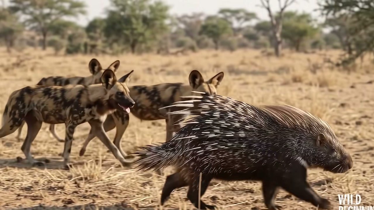 Imagem de divulgação: Cães-selvagens cercam porco-espinho e procuram abertura para atacar, mas defesa com espinhos leva matilha a se afastar na narrativa apresentada pelo Wild Beginnings