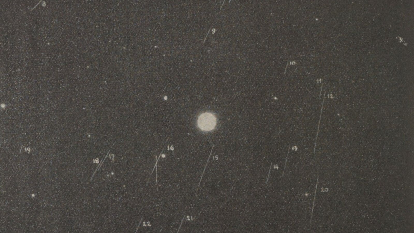Chapa fotográfica de 1933 com rastros numerados de meteoros da chuva de meteoros Dracônidas, ao redor de uma estrela brilhante