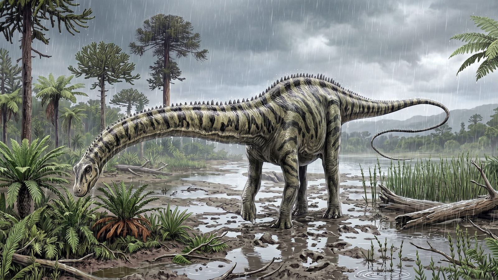 Ilustração de um Diplodocus de pescoço e cauda longos, com listras escuras no corpo, caminhando num alagado do Jurássico com coníferas e samambaias ao fundo