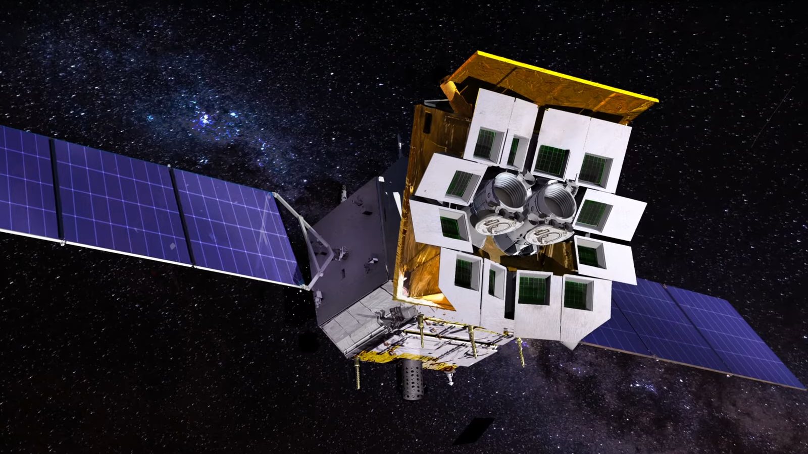 Ilustração do satélite Einstein Probe no espaço, com painéis solares abertos e os módulos do telescópio de raios X em forma de olho de lagosta, fonte do clarão de raios X