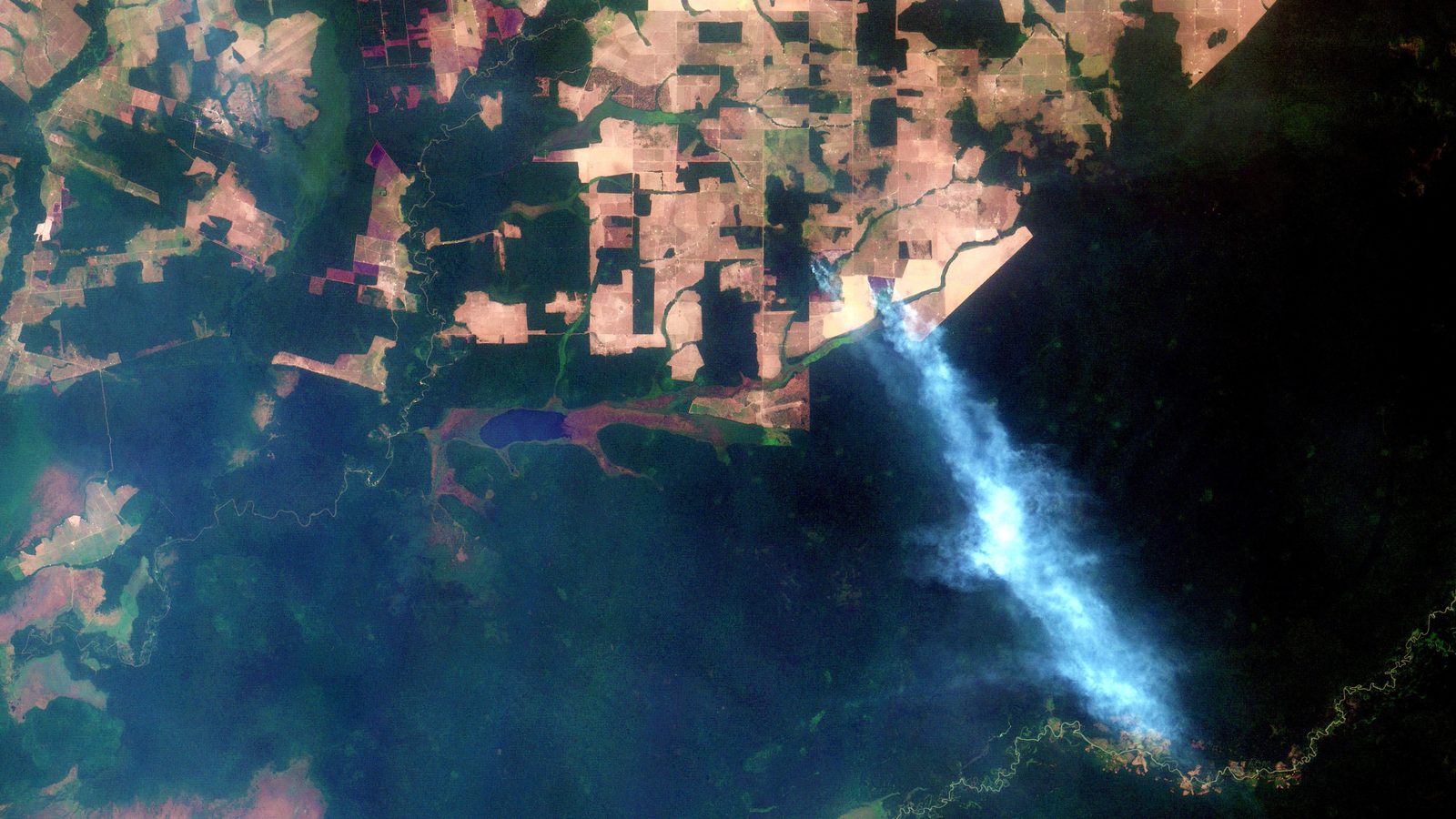 Imagem de satélite do Inpe com uma coluna de fumaça azulada de focos de queimada saindo de uma área de pasto sobre a floresta em Rondônia