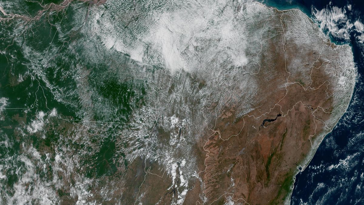 Imagem de satélite do Nordeste brasileiro marrom e quase sem nuvens, com uma faixa de nuvens no alto sobre o Maranhão e o Pará