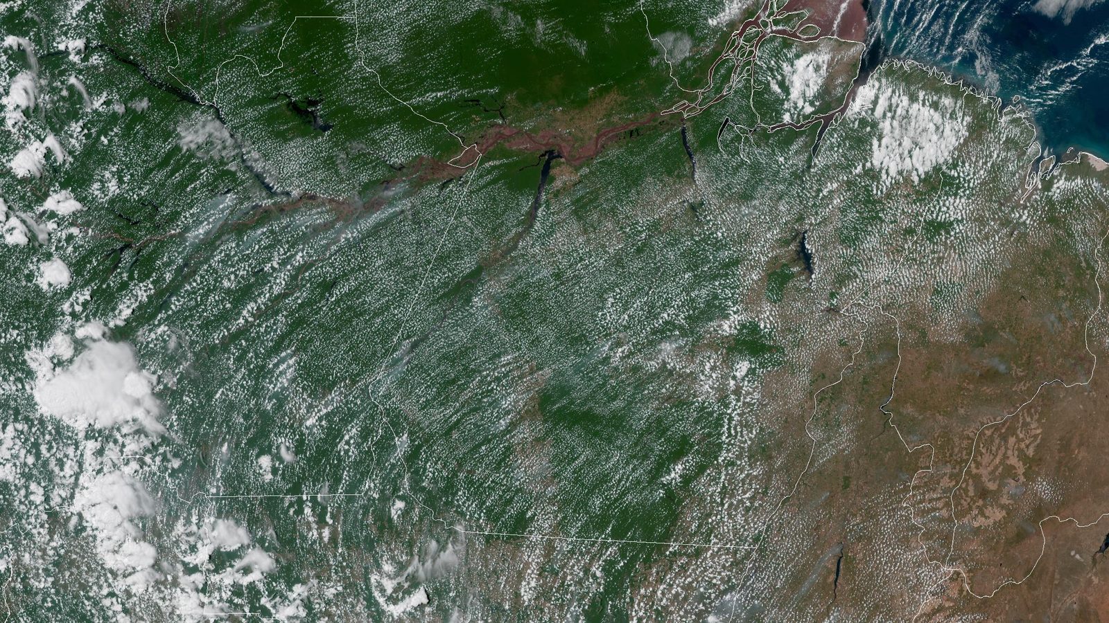 Imagem do satélite GOES-19 do Pará no dia com mais focos de calor em setembro, com o rio Amazonas, a floresta e o Cerrado mais seco à direita
