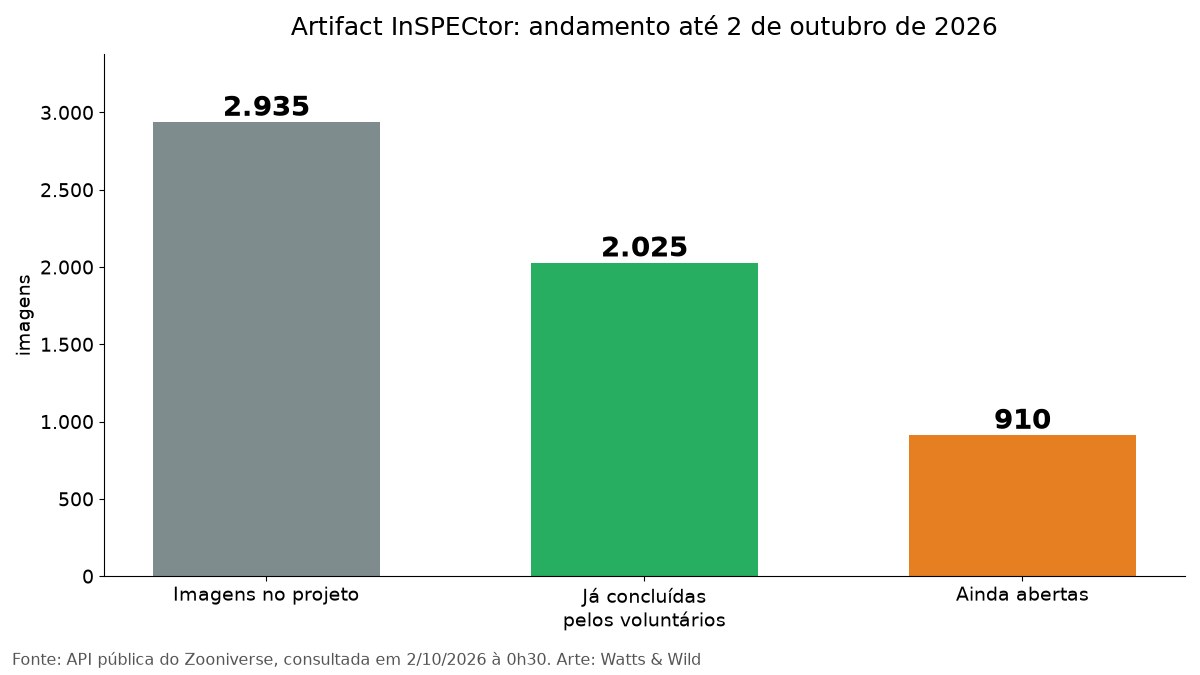 Gráfico do projeto de ciência cidadã Artifact InSPECtor com 2.935 imagens, 2.025 concluídas e 910 ainda abertas