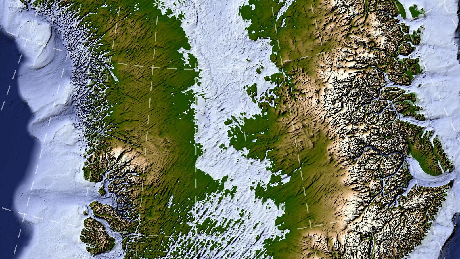 Gelo da Groenlândia removido no mapa da NASA: o relevo escondido do centro da ilha, com vales no oeste, a calota ao meio e montanhas recortadas por vales no leste