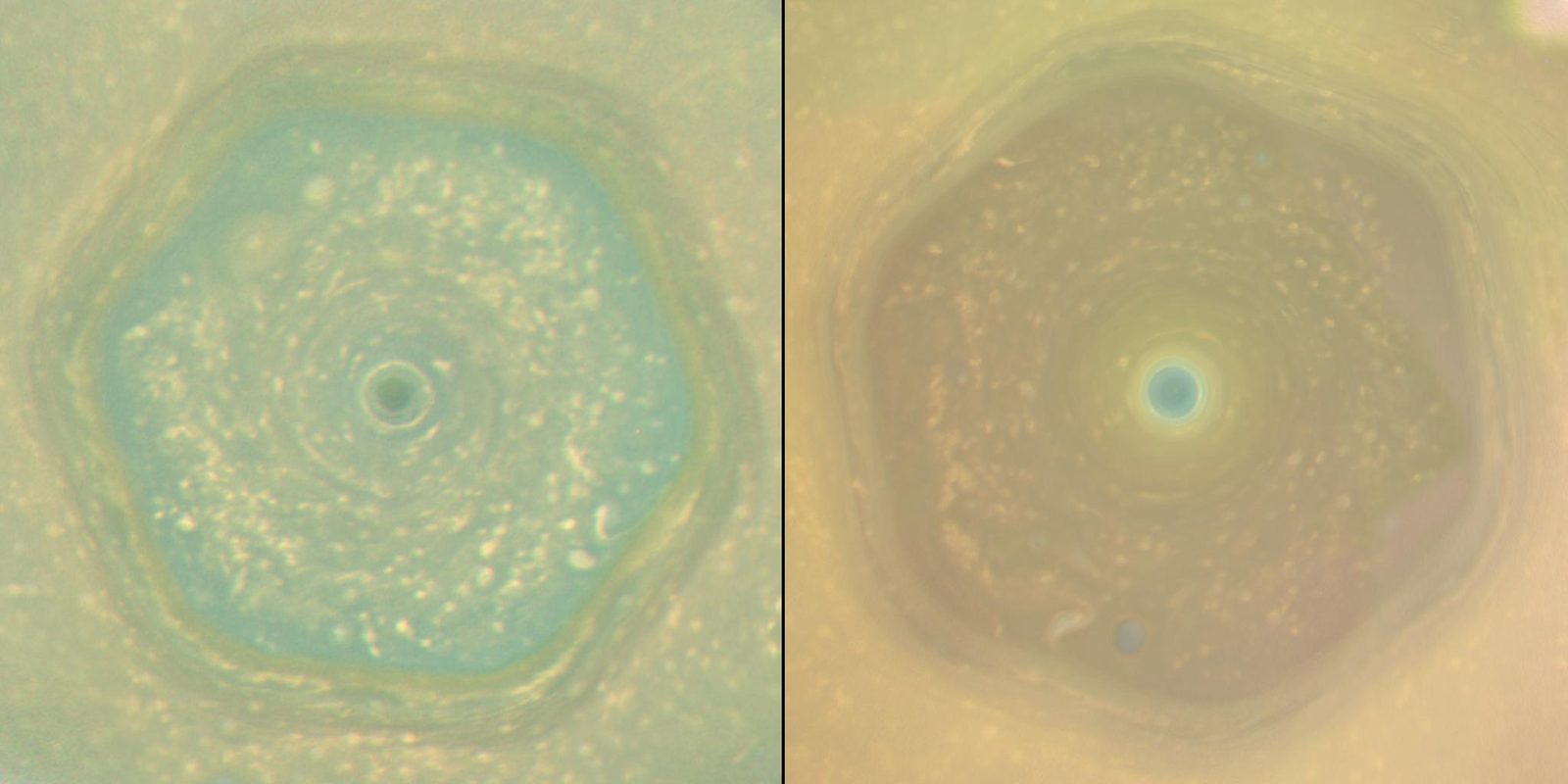 Dois recortes da sonda Cassini mostram o hexágono do polo norte de Saturno, azulado em 2013 e amarelado em 2017