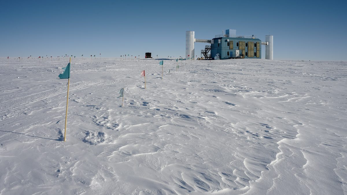 Prédio azul do laboratório do IceCube ao fundo de uma planície de neve com bandeiras de sinalização espetadas no gelo, sob céu azul