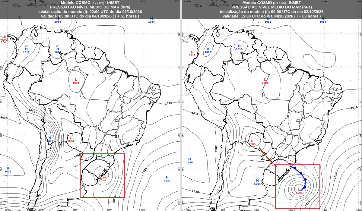 Dois mapas de pressão ao nível do mar do INMET lado a lado, o da esquerda com a baixa de 1007 hPa junto à costa gaúcha e o da direita com a baixa de 1003 hPa no oceano e uma frente fria fraca