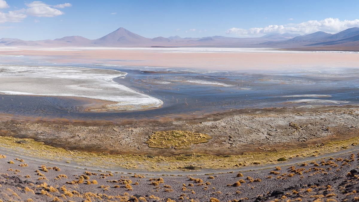 Vista da Laguna Colorada, na Bolívia: lagoa de água avermelhada com bancos de sal e montanhas ao fundo