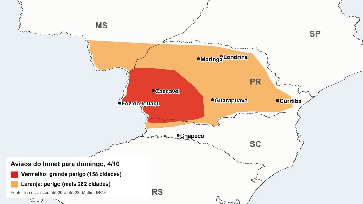Mapa do Paraná, Santa Catarina e Mato Grosso do Sul com a área de aviso vermelho em torno de Cascavel e Foz do Iguaçu e a laranja indo até Curitiba