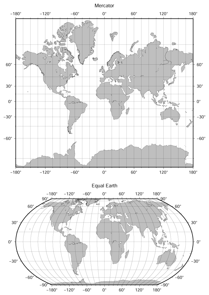 Dois mapas-múndi cinza, um em cima do outro: o de Mercator, com Groenlândia e Antártida enormes, e o Equal Earth, oval, com os continentes em proporção