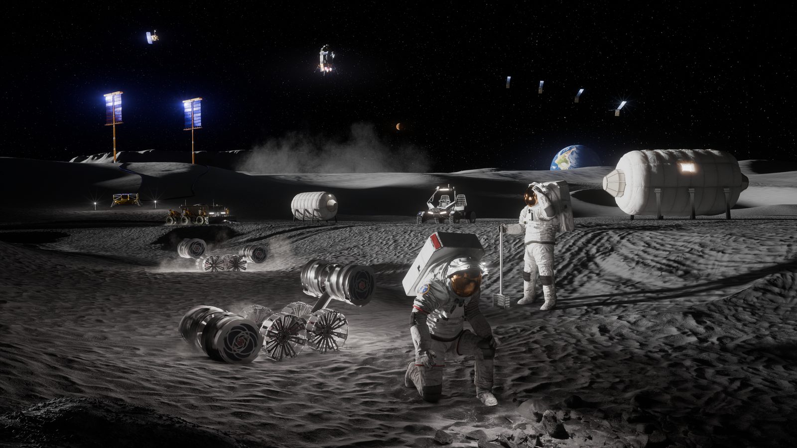 Ilustração da NASA de uma base lunar com dois astronautas, rovers e módulos, cenário onde um tubo de lava poderia servir de abrigo