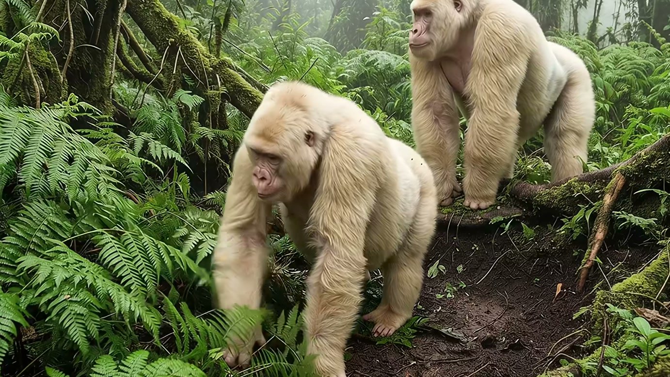 Imagem de divulgação: Nascimento de gorila descrito como albino ganha promessa de reação inesperada, enquanto a mãe segura o bebê e outro familiar se aproxima na história