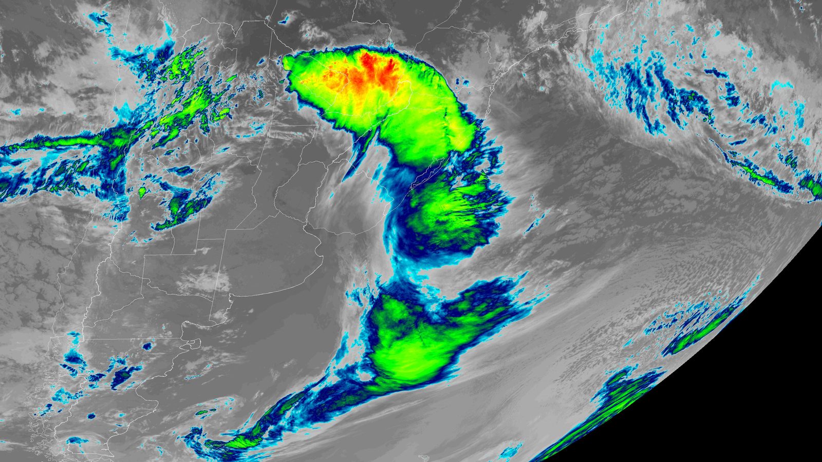 Imagem de satélite em infravermelho da madrugada de 4 de outubro com os topos de nuvem mais frios sobre o interior do continente, longe da costa onde o ciclone extratropical deve se formar