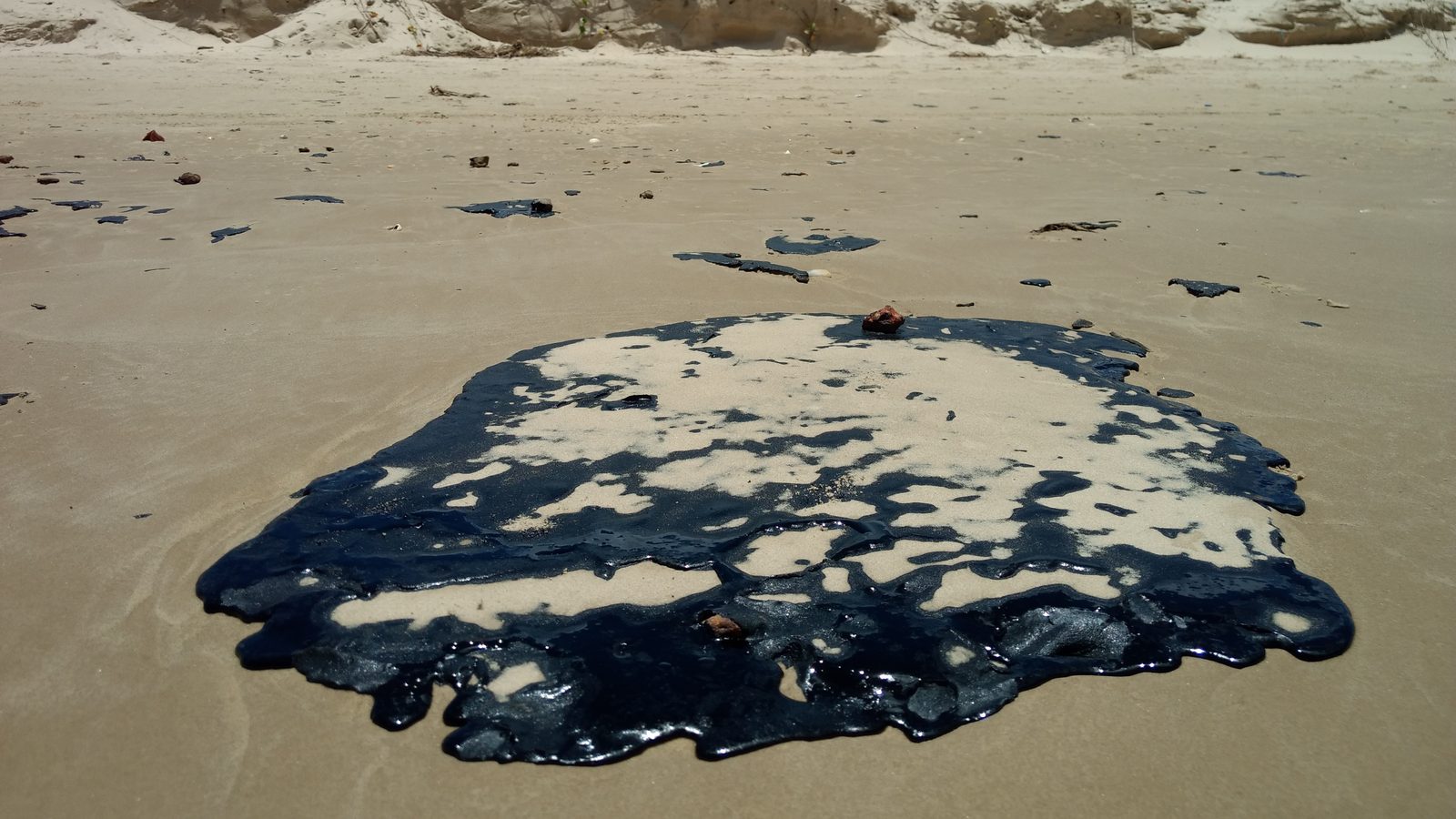 Mancha de óleo na praia de areia clara no litoral sul de Sergipe, com dunas ao fundo, em outubro de 2019