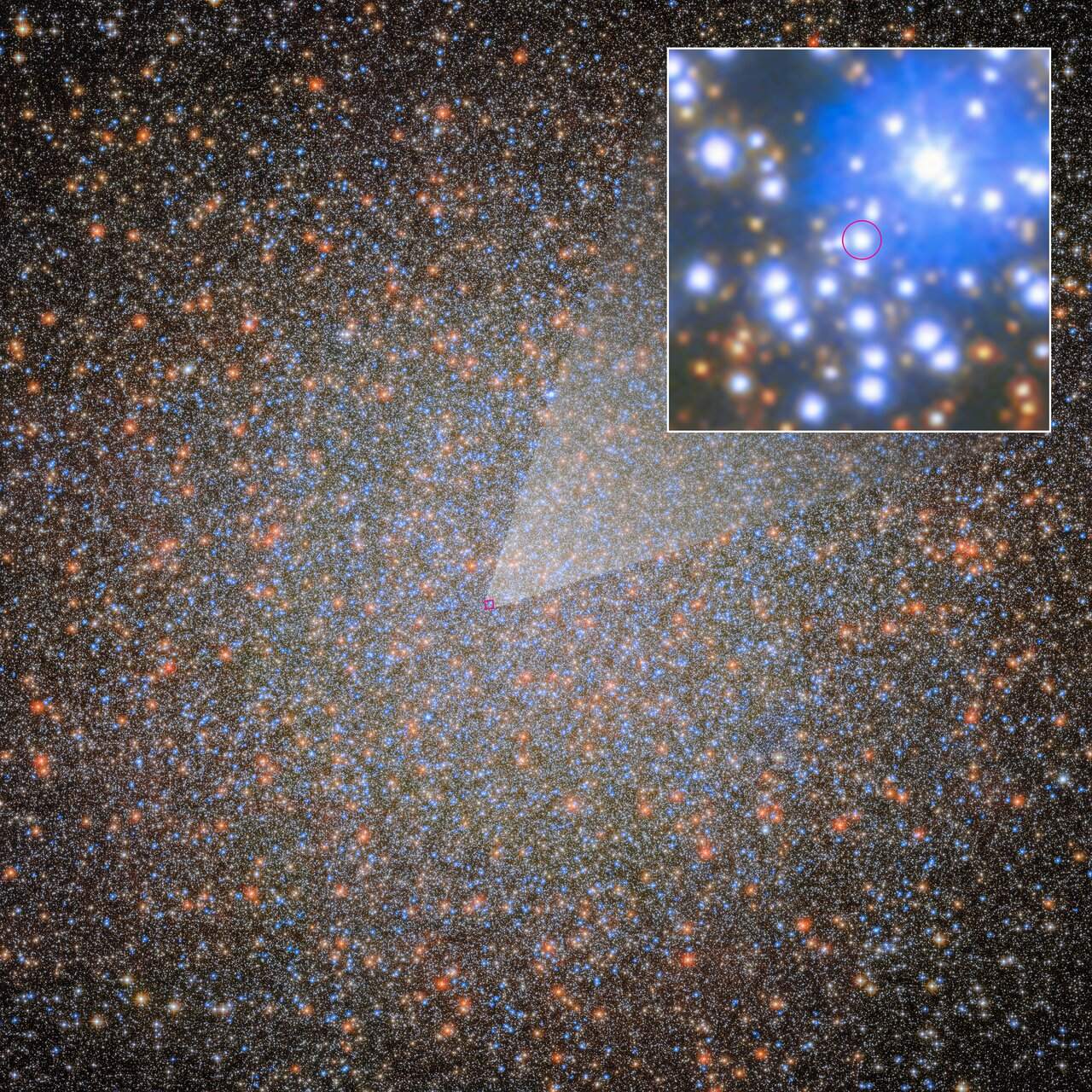 Campo de estrelas de Omega Centauri com um quadro ampliado no canto superior direito e um círculo rosa marcando a estrela que orbita o buraco negro