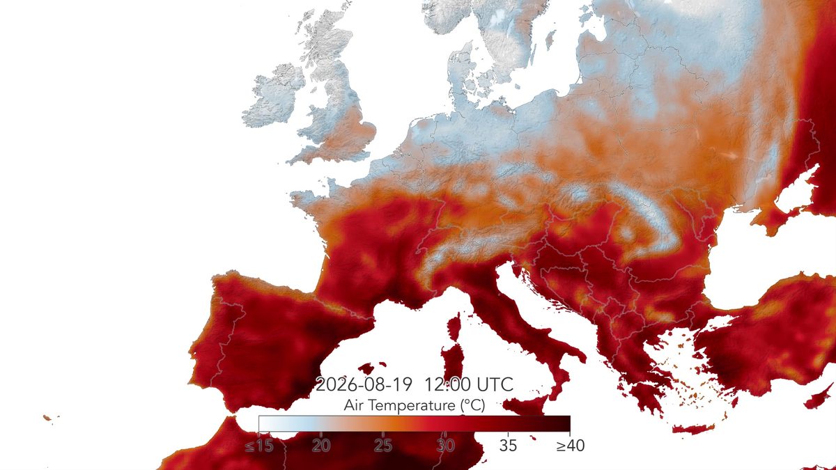 Mapa de temperatura da Europa em 19 de agosto de 2026, com Espanha, Itália e Bálcãs em vermelho escuro