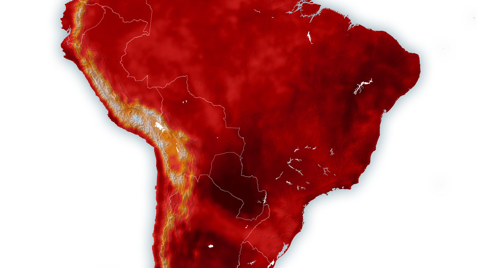 Mapa da NASA da América do Sul em vermelho escuro, com o calor mais forte sobre o Paraguai e partes do Brasil em 17 de fevereiro de 2025, um dos dias das ondas de calor daquele verão