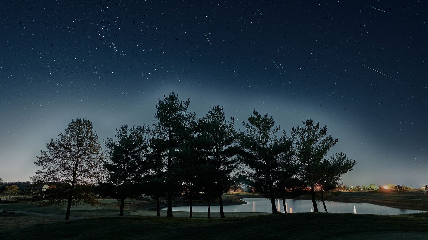 chuva de meteoros orionídeas 2026: vários riscos de luz cruzam o céu estrelado acima de uma linha de árvores e um lago.