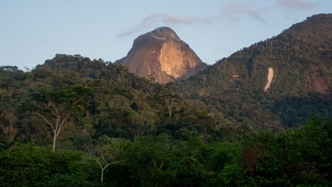 Pedra de granito iluminada pelo sol baixo sobre a mata fechada do Parque Estadual do Desengano, no Rio de Janeiro