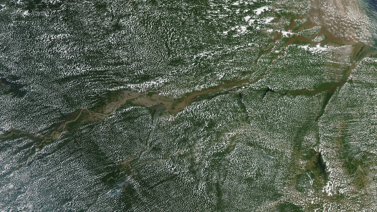 Vista de satélite da NASA da Amazônia com o rio Amazonas cortando a floresta coberta por nuvens pequenas e brancas, onde passam os rios voadores