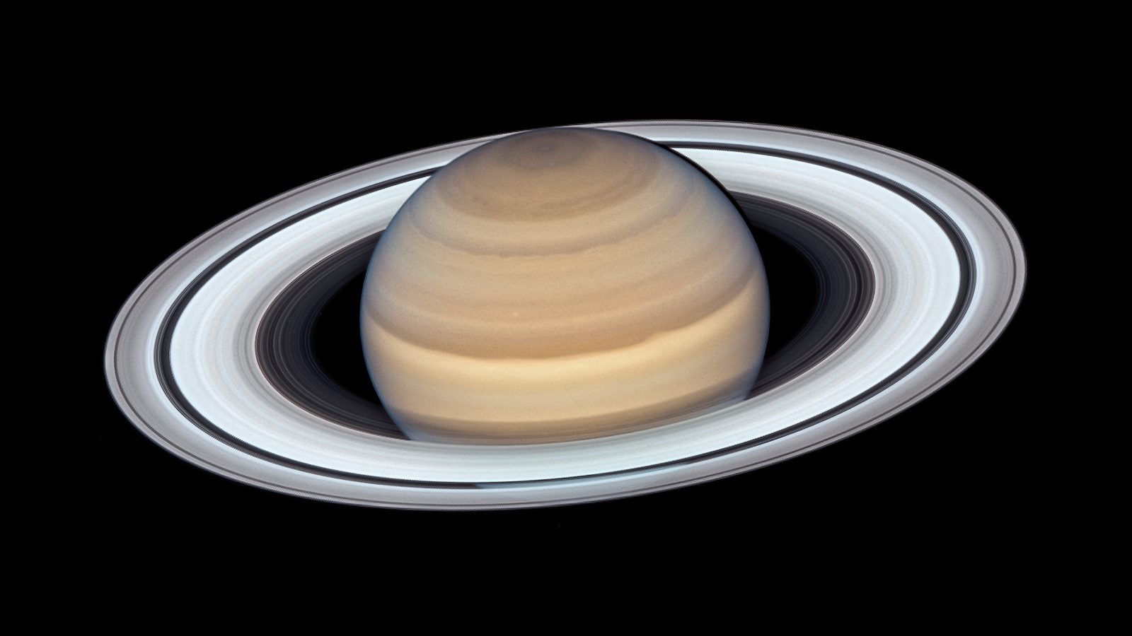 Saturno em oposição fotografado pelo Hubble, com o planeta de faixas bege e os anéis claros vistos de cima contra o fundo preto