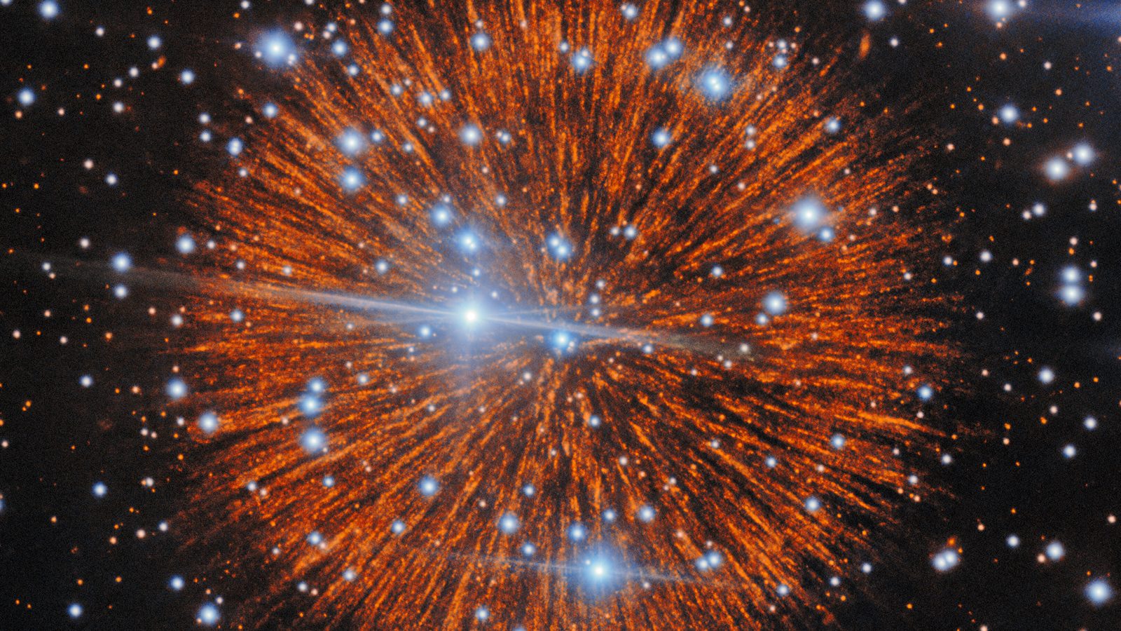 Nebulosa Pa 30, resto da supernova de 1181, com filamentos laranja em forma de fogos de artifício e estrelas azuis ao redor