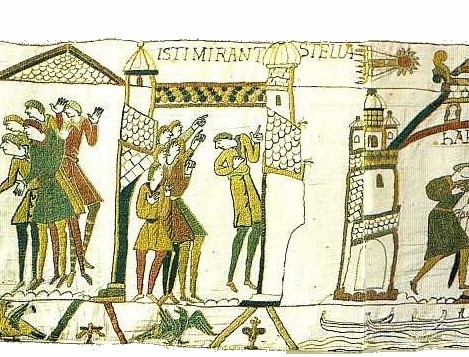 Trecho da tapeçaria de Bayeux com pessoas apontando para um cometa no céu, sob a inscrição ISTI MIRANT STELLA