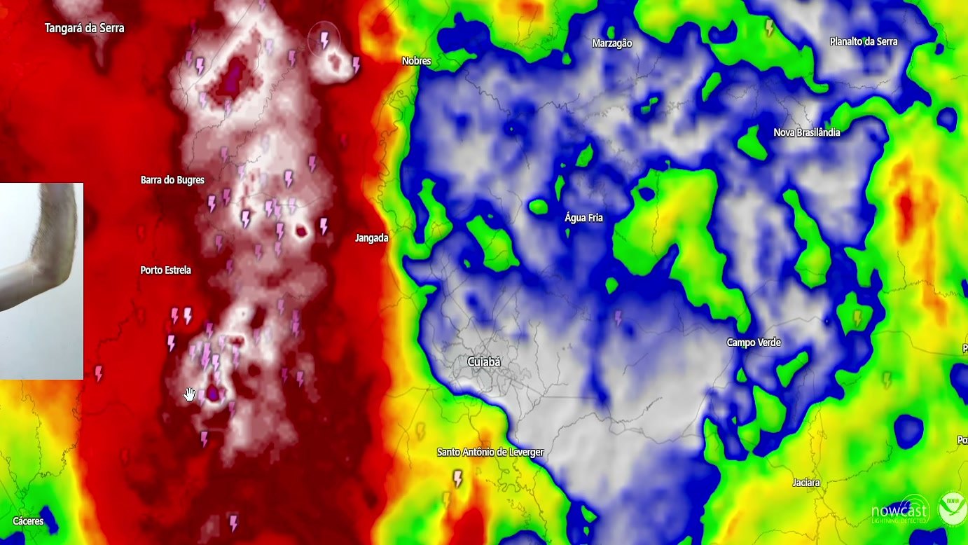 Imagem de divulgação: Tempestades se agrupam e avançam em direção a Cuiabá na análise do PLANETA EM FURIA, que aponta risco de vento forte e possíveis destelhamentos