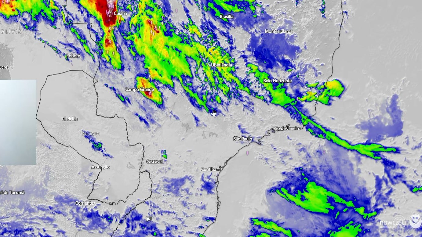 Imagem de divulgação: Tempestades se agrupam e avançam em direção a Cuiabá na análise do PLANETA EM FURIA, que aponta risco de vento forte e possíveis destelhamentos