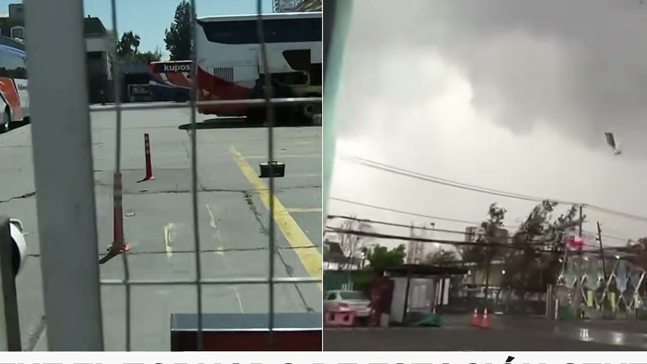 Imagem de divulgação: Tornado arranca coberturas de terminal em Santiago e espalha destroços, mas dia seguinte ainda revela chapas presas na rede elétrica, segundo Meganoticias