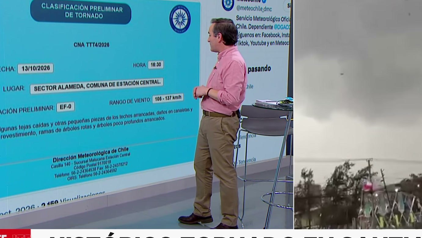 Imagem de divulgação: Tornado atinge área de terminal em Santiago e faz coberturas girarem, mas classificação da meteorologia chilena ainda era preliminar, segundo o Meganoticias