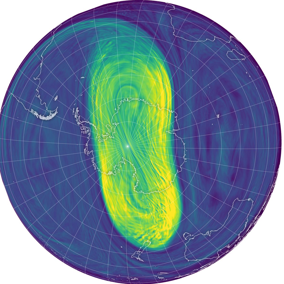 Mapa em cores da estratosfera sobre a Antártida, com o vórtice polar alongado em amarelo e verde, ao centro, em 5 de agosto de 2024