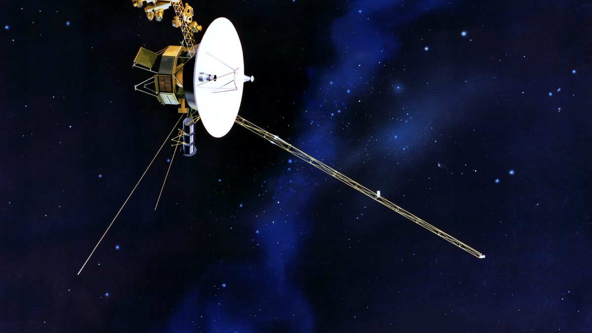 Voyager 1, sonda da NASA, em ilustração com antena parabólica e braço comprido sobre fundo de estrelas