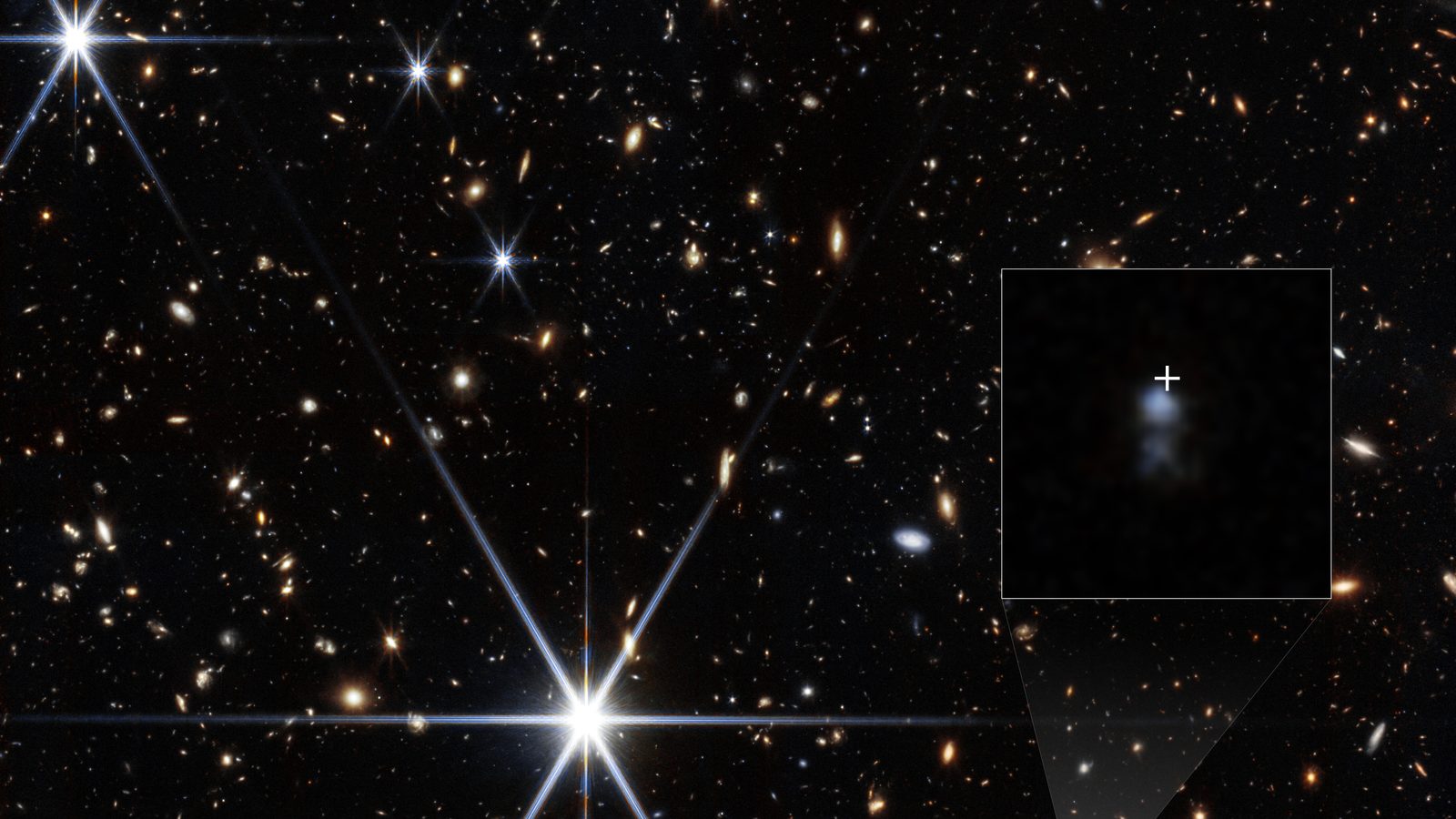 Campo profundo do Webb com milhares de galáxias e estrelas com picos de luz, com a galáxia anã do sinal de rádio mais distante em destaque