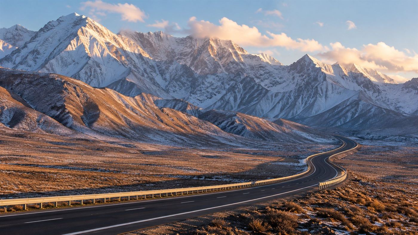 An empty modern expressway curving through a dramatic high-altitude mountain landscape with snow on the distant peaks