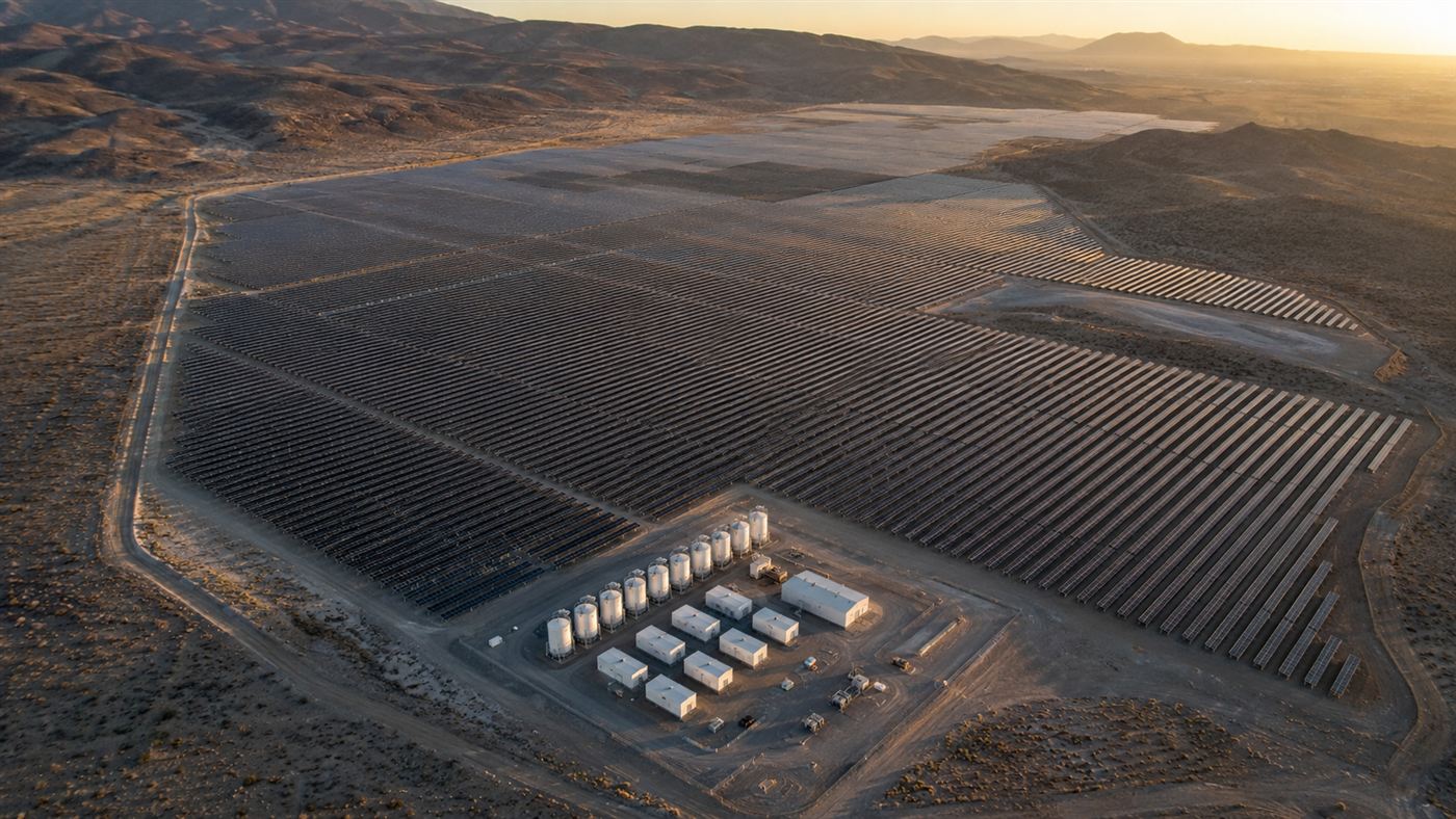 An aerial view of an enormous solar farm stretching across a desert valley with a battery storage compound at its edge