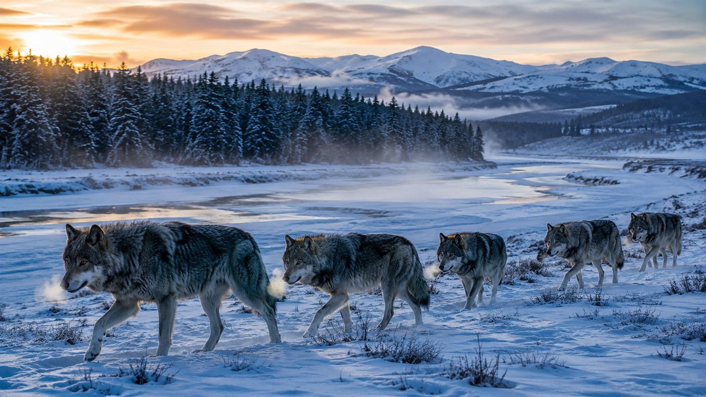 A pack of gray wolves crossing a snowy Yellowstone valley at dawn